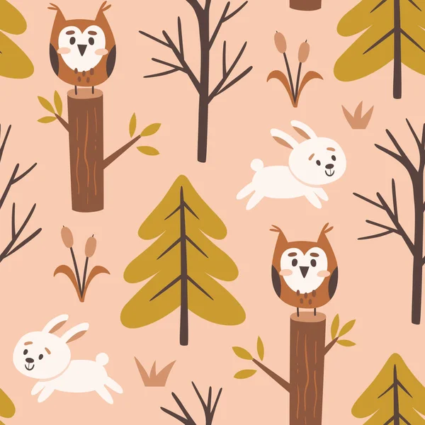 Woodland Seamless Pattern Owls Trees Bunnies Jumping Square Repeat Pattern — Stock Vector
