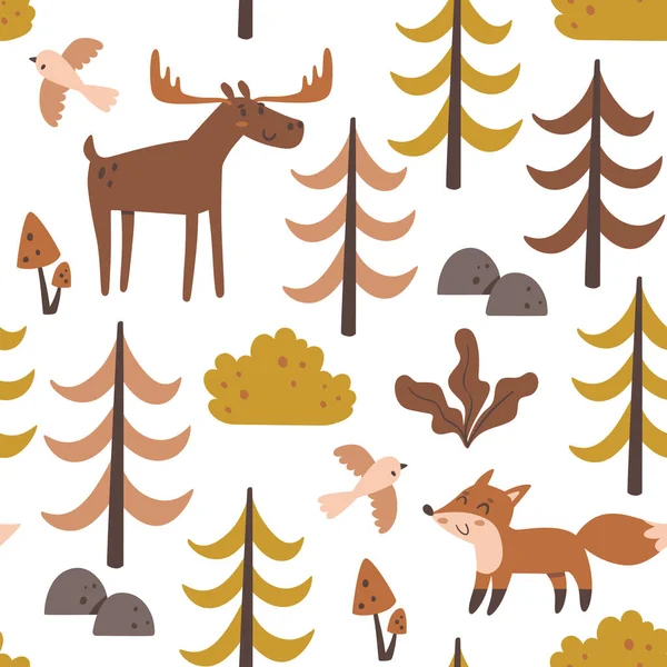 森林のシームレスなパターン 白地に隔離された木々の間の鹿とキツネ 正方形の繰り返しパターンデザイン ベクターイラスト — ストックベクタ