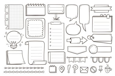 Planlayanlar için karalama elementleri. El çizimi notlar, dekoratif sınırlar, konuşma baloncukları, askı etiketleri, metin ayırıcıları ve sevimli simgeler, bunları not defterlerinde, günlüklerde ve dijital planlayıcılarda kullanmak için mükemmel. 30 parça. Vektör illüstrasyon ana çizimi.