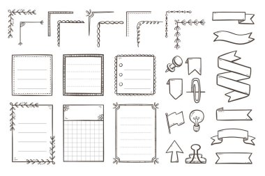 Planlayanlar için karalama elementleri. El yazısı notlar, dekoratif köşeler, afişler ve şirin simgeler, bunları not defterlerinde, günlüklerde ve dijital planlayıcılarda kullanmak için mükemmel. 30 parça. Vektör illüstrasyon ana çizimi.