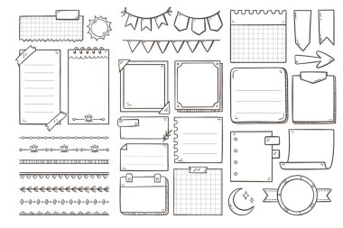 Planlayanlar için karalama elementleri. Farklı boyutlarda elle çizilmiş notlar, dekoratif çelenkler, ayırıcılar ve gündüz-gece simgeleri, bunları not defterlerinde, günlüklerde ve dijital planlayıcılarda çıkartma olarak kullanmak için mükemmel. 31 parça. Vektör illüstrasyon ana çizimi.