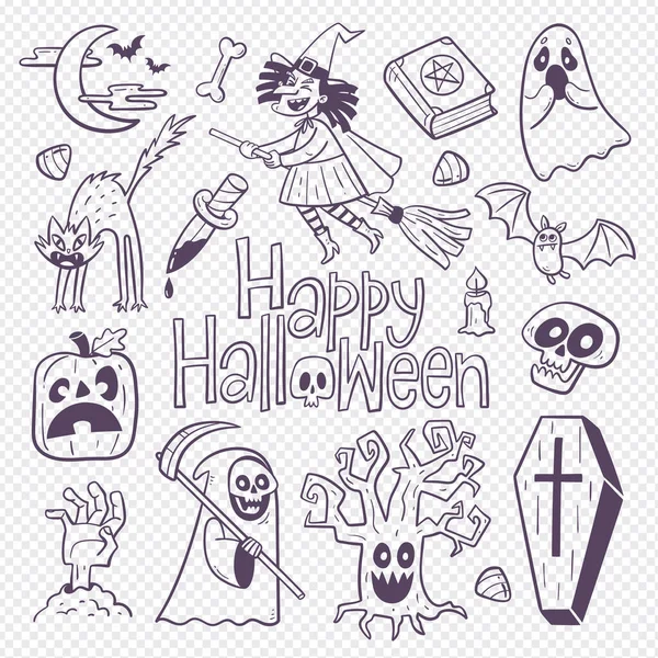 Cute Halloween Doodle Ilustração Com Cliparts Desenhados Mão Isolados Elementos — Vetor de Stock