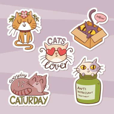 Sevimli kedi çıkartması koleksiyonu. El çizimi izole vektör çizimleri, kedi severler için mükemmel. Sevimli ve dost canlısı evcil hayvan etiketleri. 2 'nin 2' si.