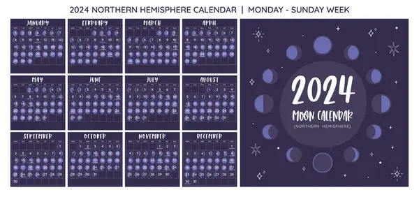 2024 カレンダー 北半球から予測される月相 スクエアフォーマット シート1枚につき1ヶ月 週は月曜日から始まります Epsベクター 編集可能なテキストはありません ロイヤリティフリーストックベクター