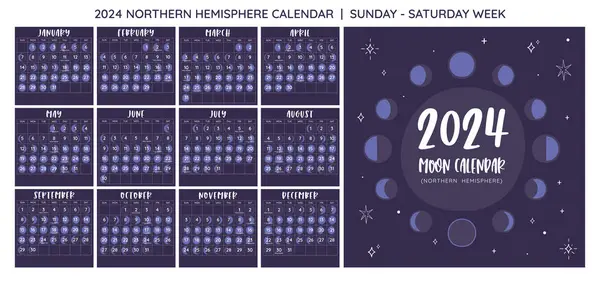 2024 カレンダー 北半球から予測される月相 スクエアフォーマット シート1枚につき1ヶ月 日曜日から週が始まります Epsベクター 編集可能なテキストはありません ストックイラスト