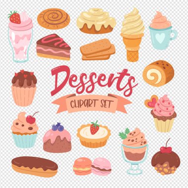 Dessert products isolated on white background. Cupcakes, sweets, ice creams, and pastries. Hand-drawn illustration. Isolated clip arts. Vector illustration. Set 1 of 2. clipart