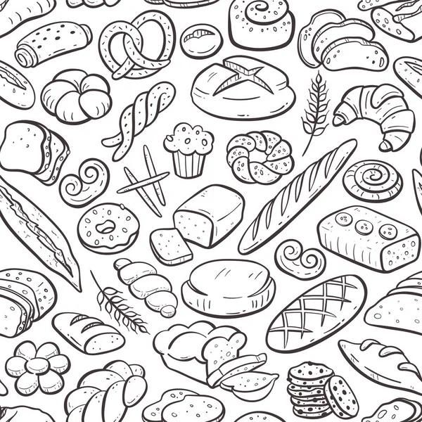 stock vector Bread and bakery products seamless pattern. Hand-drawn doodle illustration. Isolated baked good set. Repeat pattern. Vector illustration.