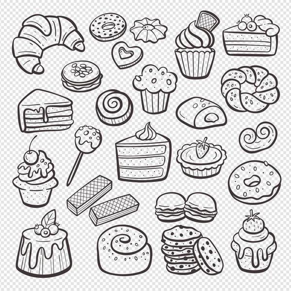 Beyaz arka planda izole edilmiş tatlı ürünleri. Kekler, tatlılar, dondurmalar ve hamur işleri. Elle çizilmiş illüstrasyon. Ayrı karalama malzemeleri. Vektör çizimi. 2 'nin 2' si.