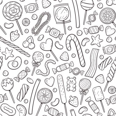 Şekersiz desen. Şekerler, lolipoplar ve beyaz arka planda izole edilmiş sakızlar. Şekerleme elementleri. El çizimi vektör çizimi.