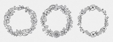 Çiçek çelenkleri güzelmiş. El çizimi botanik vektör çizimi. Tebrik kartları, düğün davetiyeleri, etiket tasarımı siyah beyaz desenli çerçeveler..