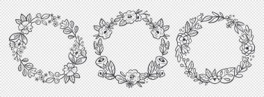 Çiçek çelenkleri. El çizimi botanik vektör çizimi. Tebrik kartları, düğün davetiyeleri, etiket tasarımı siyah beyaz desenli çerçeveler..