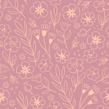 Çiçeksiz desen, sıcak pembe tonlarda. Doodle tarzı. Çizgisiz desenli sanat çiçekleri. Vektör illüstrasyonu.