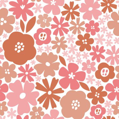 Romantik pembe tonları olan İskandinav çiçeksiz desen. Beyaz arka planda izole çiçekler. Şirin vektör illüstrasyonu.