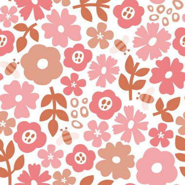 Romantik pembe tonları olan İskandinav çiçeksiz desen. Beyaz arka planda izole çiçekler. Şirin vektör illüstrasyonu.