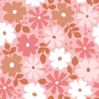 Romantik pembe tonları olan İskandinav çiçeksiz desen. Çiçekler pembe arka planda izole edilmiş. Şirin vektör illüstrasyonu.