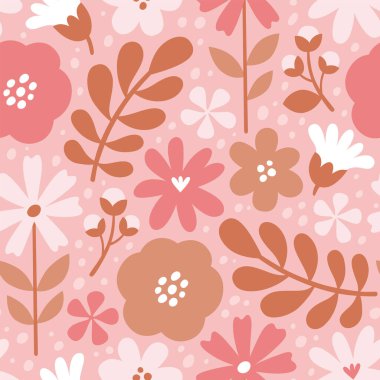 Romantik pembe tonları olan İskandinav çiçeksiz desen. Çiçekler pembe arka planda izole edilmiş. Şirin vektör illüstrasyonu.
