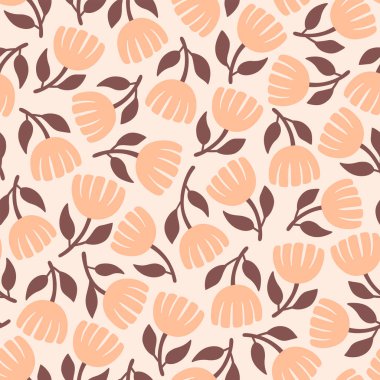 Çiçek deseni İskandinav tarzında. Hafif arka planda izole edilmiş şeftali tonu olan sevimli çiçekler. Kusursuz desen. Vektör illüstrasyonu.