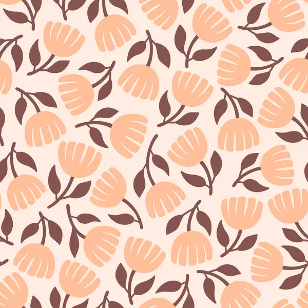 Çiçek deseni İskandinav tarzında. Hafif arka planda izole edilmiş şeftali tonu olan sevimli çiçekler. Kusursuz desen. Vektör illüstrasyonu.