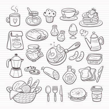 Kahvaltıda yemek şart. El çizimi karalamalar restoran menüsü tasarımları için mükemmel izole edilmiş ikonlar. Pastırma ve yumurta, kahve, ekmek, çay, tereyağı, kurabiye ve daha fazlası. Vektör illüstrasyonu.