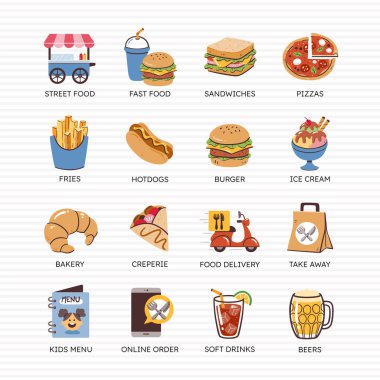Restoran ikonu seti. Restoranlar için el yapımı renkli ikonlar: hamburgerler, sandviçler, pizzalar, dondurma ve daha fazlası. 4 'te 3 yap. 16 vektör simgesi belirlendi.