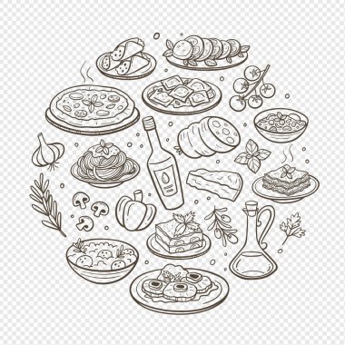 El yapımı tipik İtalyan yemek tabakları ve İtalyan mutfağında en çok kullanılan malzemeler. İzole eşyalar. Vektör illüstrasyonu.