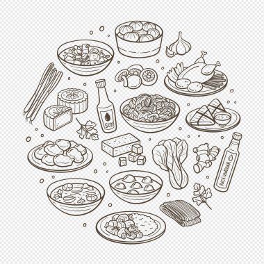 El yapımı tipik Çin yemeği tabakları ve Çin mutfağında en çok kullanılan malzemeler. İzole eşyalar. Vektör illüstrasyonu.