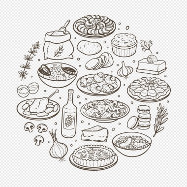 Elle çizilmiş tipik Fransız yemek tabakları ve Fransız mutfağında en çok kullanılan malzemeler. İzole eşyalar. Vektör illüstrasyonu.