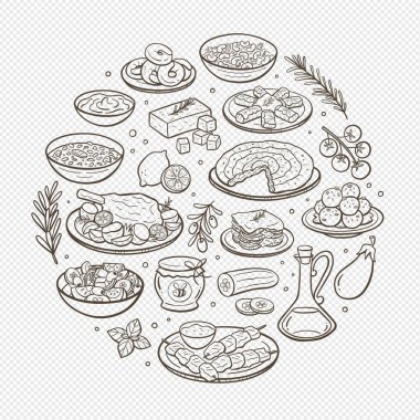 Elle çizilmiş tipik Yunan yemek tabakları ve Yunan mutfağında en çok kullanılan malzemeler. İzole eşyalar. Vektör illüstrasyonu.