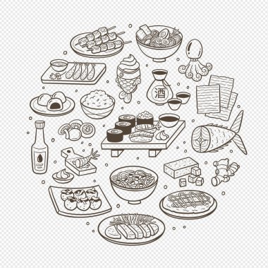 El yapımı tipik Japon yemek tabakları ve Japon mutfağında en çok kullanılan malzemeler. İzole eşyalar. Vektör illüstrasyonu.