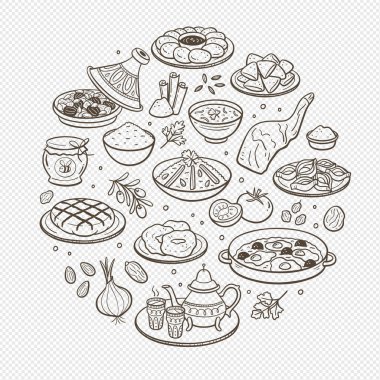 Fas 'ta elle çizilmiş tipik yemek tabakları ve Fas mutfağında en çok kullanılan malzemeler. İzole eşyalar. Vektör illüstrasyonu.