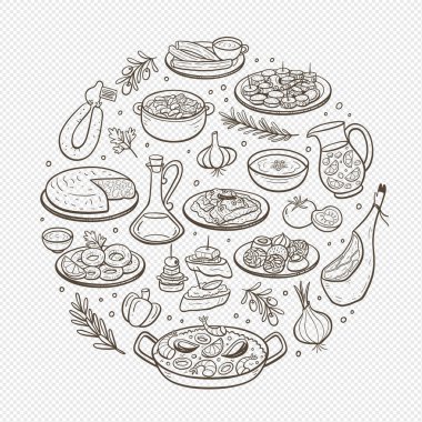 El yapımı tipik İspanyol yemek tabakları ve İspanyol mutfağında en çok kullanılan malzemeler. İzole eşyalar. Vektör illüstrasyonu.