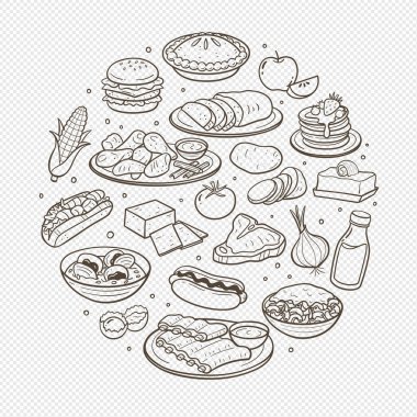 El yapımı tipik Kuzey Amerika yemek tabakları ve Amerikan mutfağında en çok kullanılan malzemeler. İzole eşyalar. Vektör illüstrasyonu.