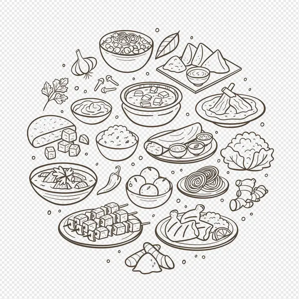 El yapımı tipik Hint yemekleri ve Hint mutfağında en çok kullanılan malzemeler. İzole eşyalar. Vektör illüstrasyonu.