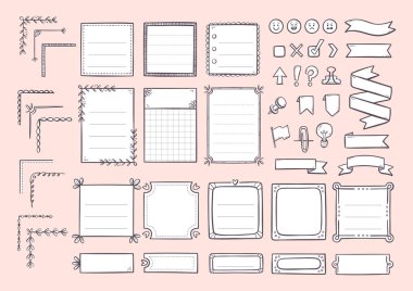 Planlayanlar için karalama elementleri. El çizimi notlar, dekoratif köşeler, kurdeleler, etiketler ve sevimli simgeler, bunları not defterlerinde, günlüklerde ve dijital planlayıcılarda kullanmak için mükemmel. Toplam 50 parça. Vektör illüstrasyon ana çizimi