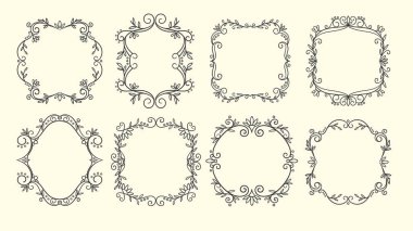 Hoş kıvrımlı dekoratif çerçeve koleksiyonu. Eski tarz. El çizimi çiçek seti, beyaz arka planda izole edilmiş. Vektör illüstrasyonu.