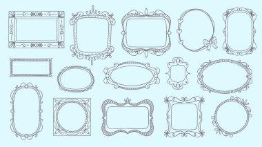 Güzel dekoratif çerçeve koleksiyonu. El yapımı çerçeve seti, beyaz arka planda izole edilmiş. Planlamacılar ve takvimler için mükemmel. Vektör illüstrasyonu.