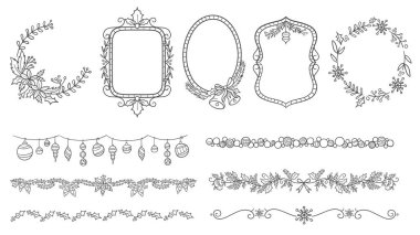 El yapımı Noel dekoratif sınırları, çelenkler ve çerçeveler. Doodle vektörü, beyaz arkaplanda izole edilmiş.