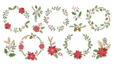 Çiçekli Noel süslemeleri. İçinde çelenkler, köşeler ve çiçekli detaylar olan 12 parça. Mevsimlik dekoratif tasarımlar için mükemmel. El çizimi vektör illüstrasyonu.