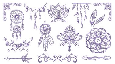 Küçük mandalaları, rüya avcıları ve çiçek desenleri olan el yapımı şirin etnik dekoratif unsurlar. Karalama biçiminde izole vektör illüstrasyonu.