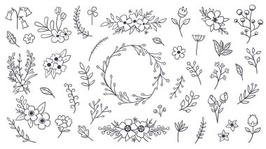 Şirin el çizimi çiçek çelengi ve izole edilmiş sanat eserleri hediye kartları, baskılar ve el işi projeleri için mükemmel. Toplam 40 izole parça. Vektör illüstrasyonu.