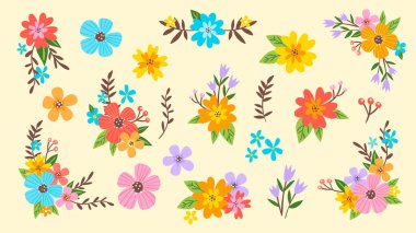 Sevimli el çizimi renkli çiçek seti, hediye çekleri, baskılar ve el işi projeleri için mükemmel. Toplamda 20 ayrı parça. Vektör illüstrasyonu.