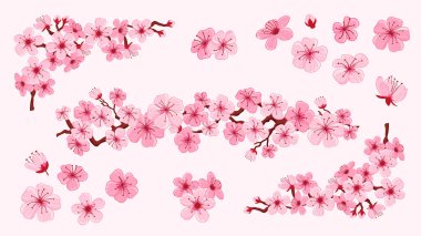 Şirin renkli kiraz ağaçları ve çiçekler, dekorasyon yüzeyleri, baskılar ve el işi projeleri için mükemmel. Toplam 16 izole parça. Vektör illüstrasyonu.