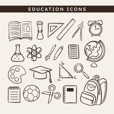 Hoş el yapımı eğitim karalama simgeleri, çıkartma tasarımları, baskılar ve el işi projeleri için mükemmel. 21 simge tasarımı. Vektör illüstrasyonu.