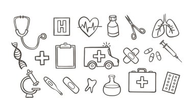 Şirin el yapımı Medicine Doodle Simgeleri, bloglar, sosyal medya, baskılar ve el işi projeleri için mükemmel. Toplam 20 ikon tasarımı. Vektör illüstrasyonu.