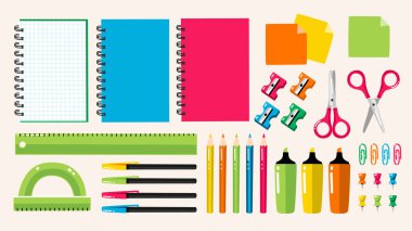 Daire tasarım tarzında şirin okul malzemeleri, afiş tasarımları, sosyal medya kompozisyonu, baskılar ve el işi projeleri için mükemmel. Toplam 36 parça. Vektör illüstrasyonu.