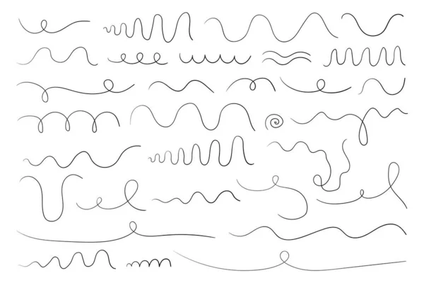 Handgetekende Krabbellijnen Vectorset Van Golvende Gedraaide Krabbelelementen Voor Grafisch Ontwerp — Stockvector