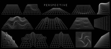 Kablo çerçeve fütüristik perspektif ızgaraları. Geometrik planların vektör kümesi soyut düzlemleri bozdu
