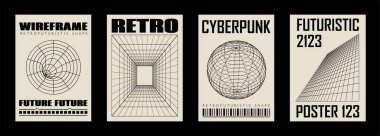 Geçmişe dönük soyut geometrik y2k posterler, duvar resimleri, tişört baskıları, afişler. Tel çerçeve 3d grafik şekilleri