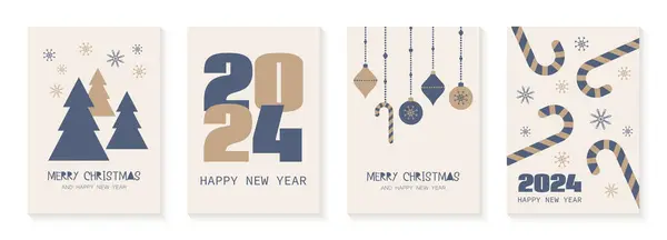 Mutlu Noeller 2024 Mutlu Yıllar Tebrik Kartları Minimum Noel Posterleri Stok Vektör