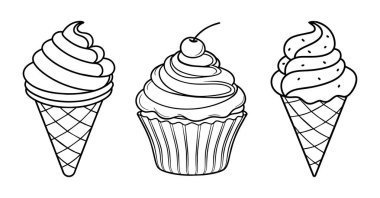 Tatlı dondurma külahları ve boyama kitabı için kek vektör çizimi. El çizimi izole edilmiş taslak
